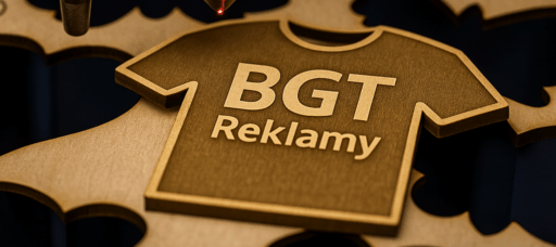 wygrawerowana w sklejce koszulka z napisem BGT Reklamy
